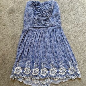Floral Blue Strapless Dress with Lace Hem
